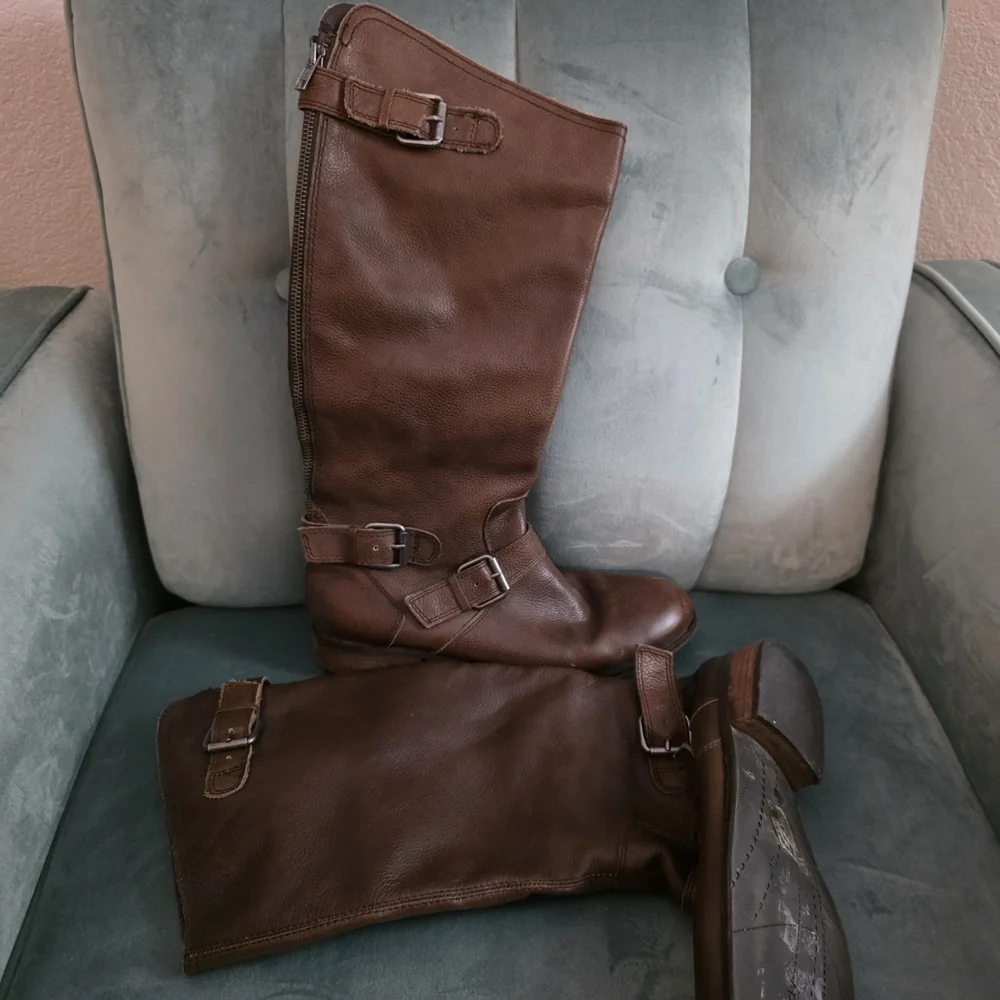 Brown Leather Women's Over-Calf Boots - Picture 2 of 3